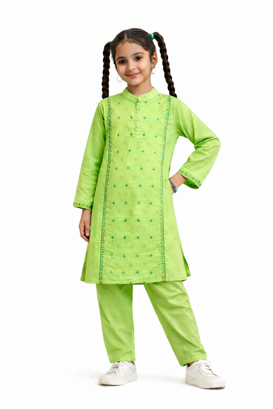 Green cotton 2-piece girls outfit with embroidered kurti and straight pants, studio background Pakistan
