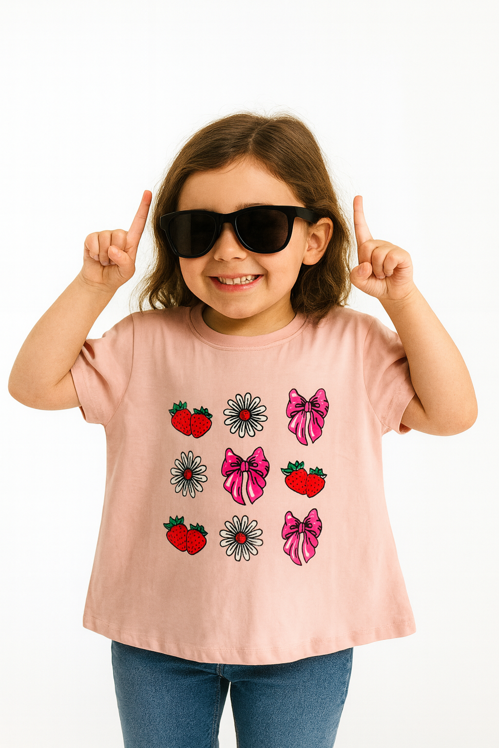 Light pink girls t-shirt with strawberry, flower and bow graphic print, soft cotton fabric in Pakistan.
