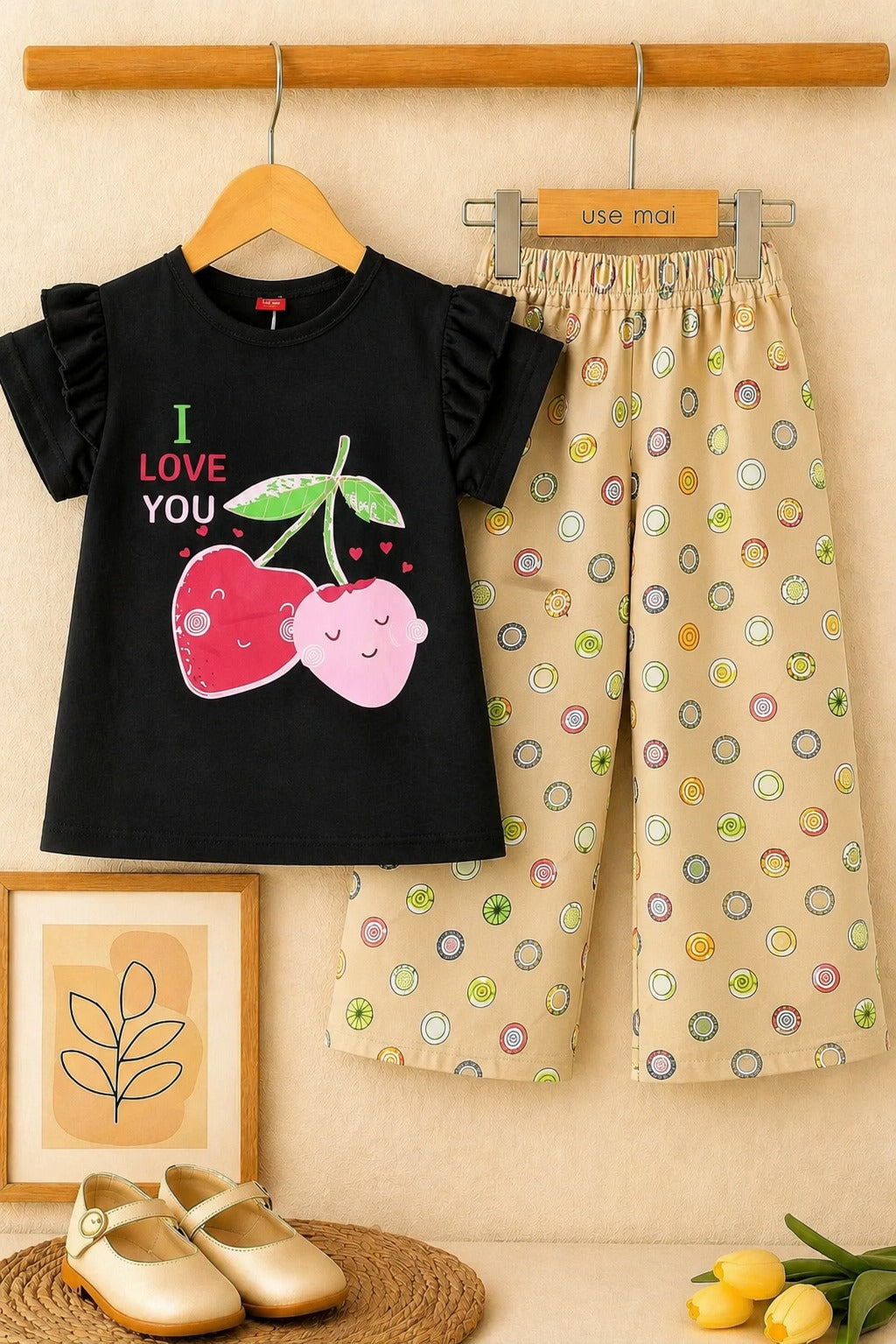 Girls black cherry print cotton t-shirt with beige polka dot wide leg trousers co-ord set, trendy summer outfit for kids in Pakistan.
