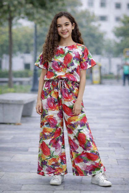 Girls multicolor floral cotton co-ord set with pants kids outfit Pakistan