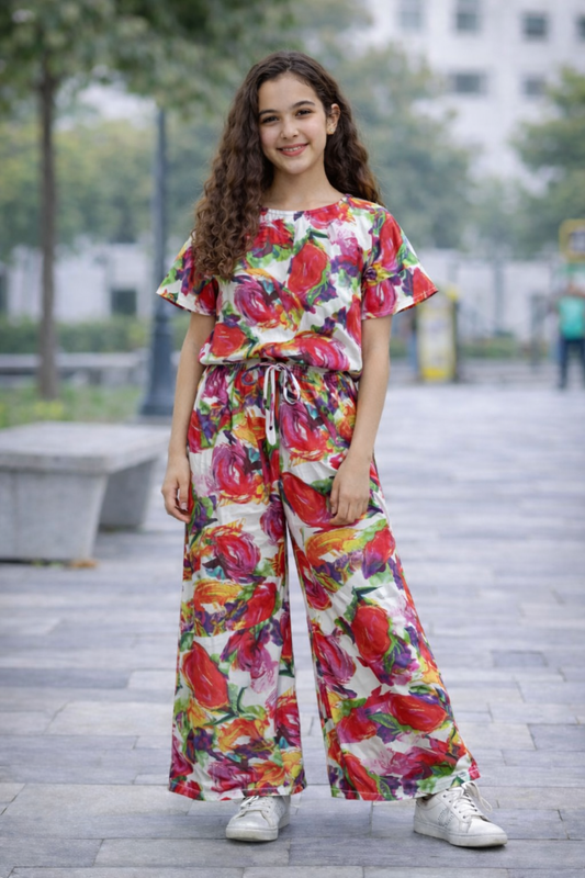 Girls multicolor floral cotton co-ord set with pants kids outfit Pakistan