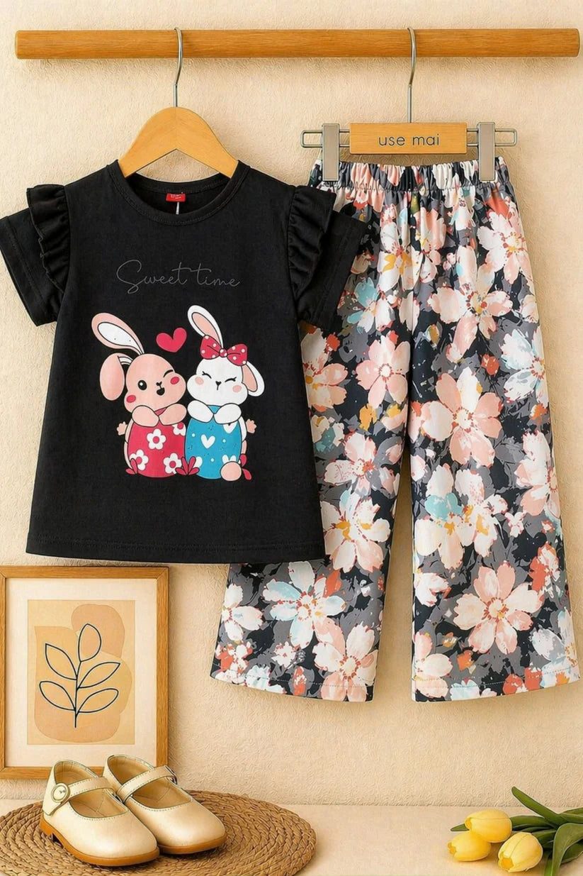 Girls black bunny print cotton t-shirt with floral pants kids outfit Pakistan
