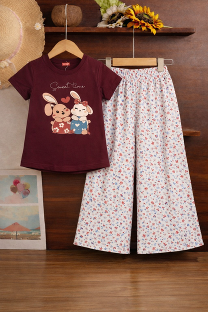 Girls maroon cotton t-shirt with bunny print and white floral wide-leg pants set, kids outfit Pakistan.
