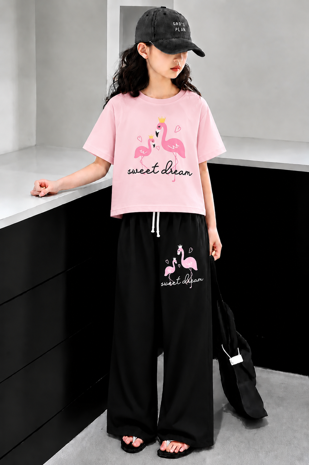 [Sweet Dream ] Printed Light Pink  Half Selves Baggy Track Suit Girls 632