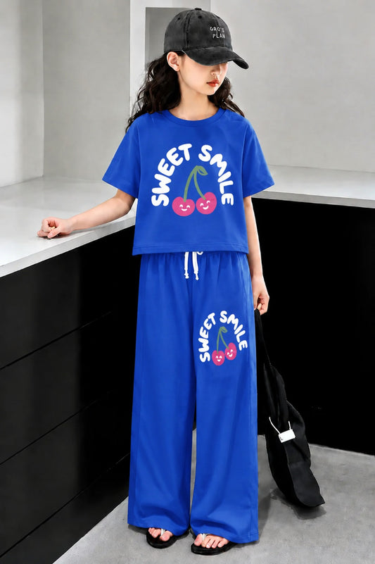 Royal blue girls cherry print co-ord set with crop t-shirt and wide leg trousers in Pakistan.
