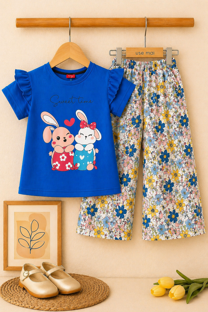 Girls blue cotton t-shirt with bunny print and floral wide-leg pants set, kids outfit Pakistan.