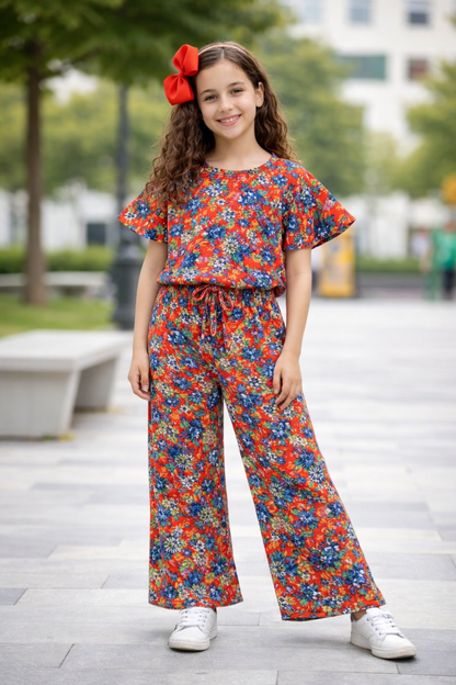 Girls red multicolor floral cotton co-ord set Pakistan kids outfit