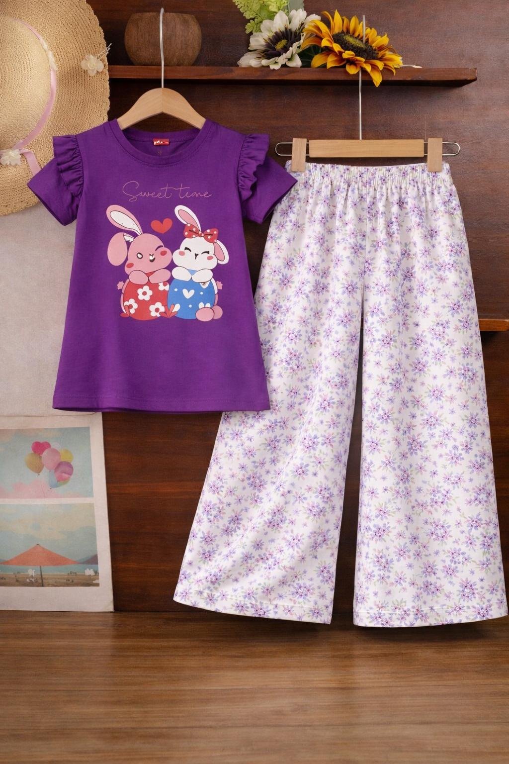 Purple cotton girls co-ord set with short sleeve graphic t-shirt featuring bunny print and floral wide-leg pants, Pakistan kids Outfit
