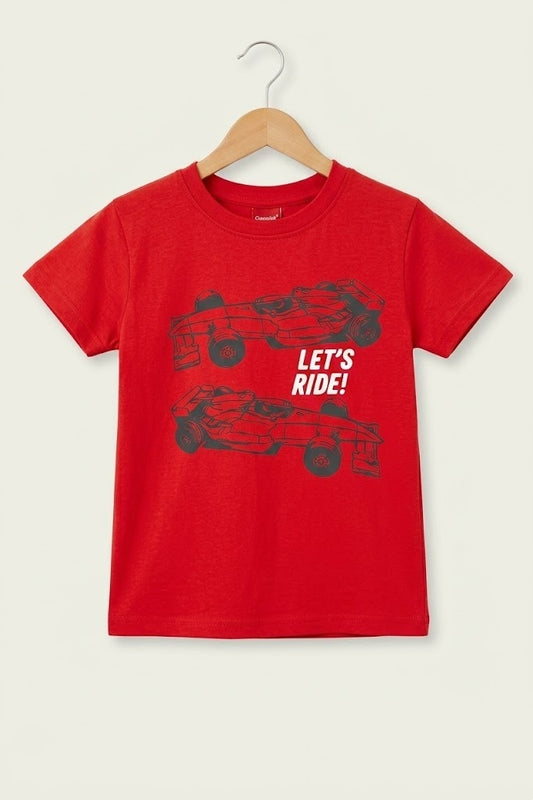 Two Cars [Lets Ride] Printed Red  Boys T-Shirt 238