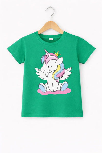 Green girls t-shirt with cute unicorn graphic print, soft cotton fabric in Pakistan.
