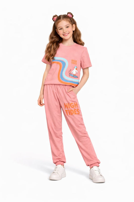 Waves Lines Printed  Peach T-Shirt &Trousers  Girls