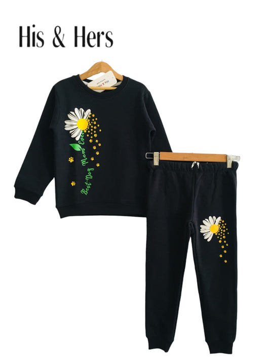 Flower & Paw Print Navy Blue Tracksuit Girls (004)