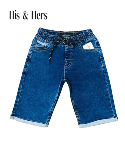 Elastic Waist &Cuffed Hem Mid-Blue Denim Shorts Boys