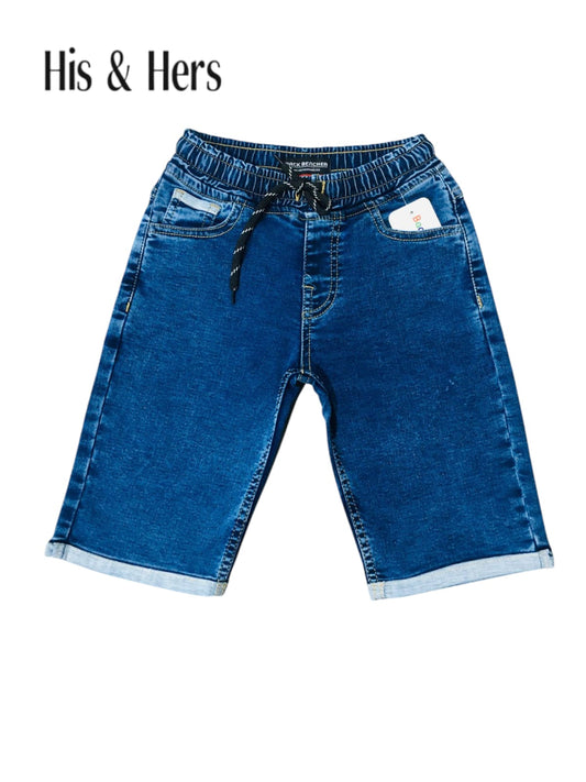Elastic Waist &Cuffed Hem Mid-Blue Denim Shorts Boys