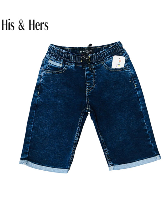 Elastic Waist &Cuffed Hem Dark -Blue Denim Shorts Boys