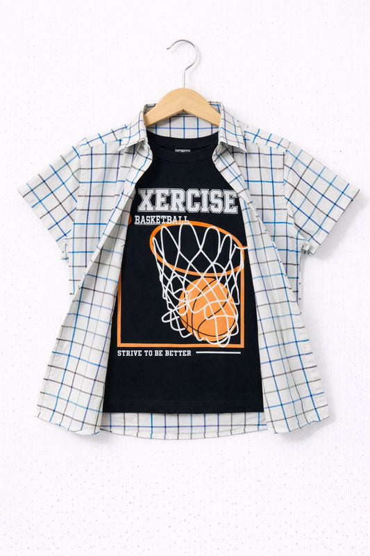 Blue & Black Checked Basketball Hoop Double Casual Shirt Boys 207