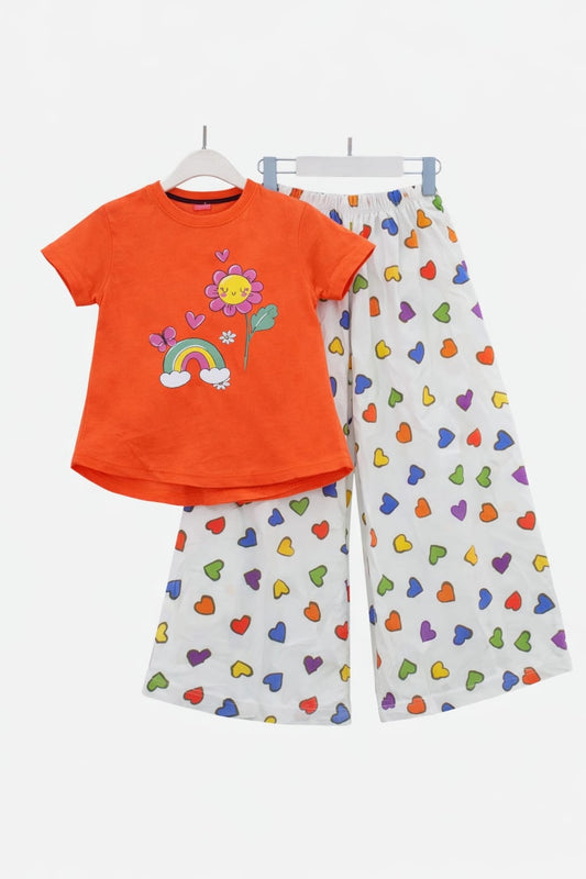 Rainbow Flower  Orange Printed T-shirt Trousers 232