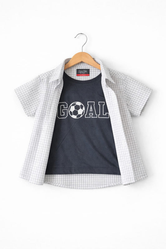 Black Checked Goal Football Printed  Double Casual Shirt 219
