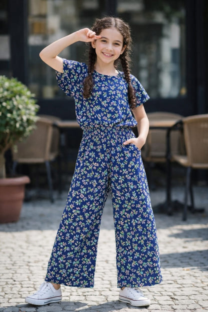 Dark Blue Bloomy Breeze Printed Cotten Girls Co-Oder Set 509