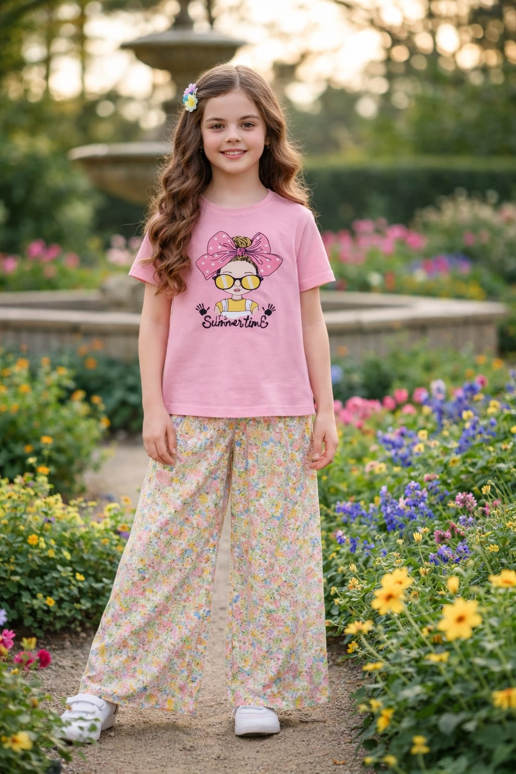 Pink  Bow Babe Summer Time Printed T-shirt Trousers 514