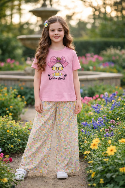 Pink  Bow Babe Summer Time Printed T-shirt Trousers 514