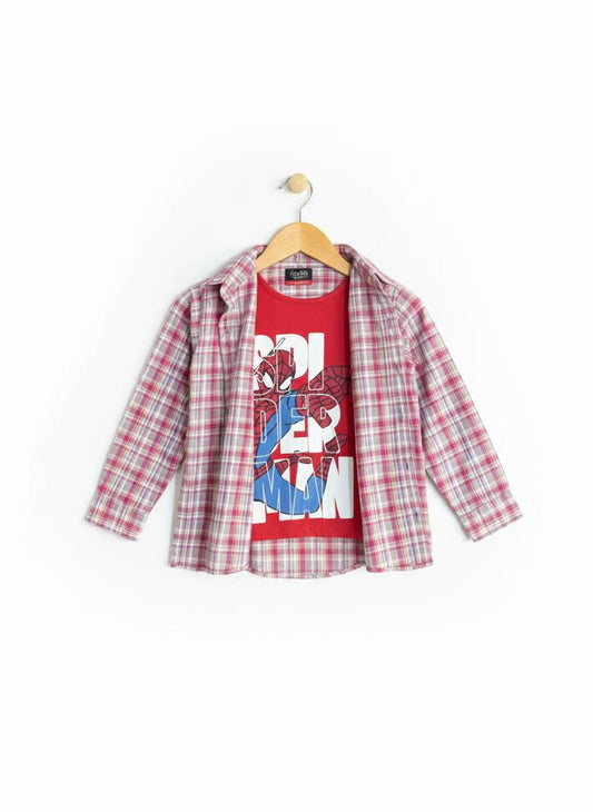 Red white checked Spider men Double Casual Shirt