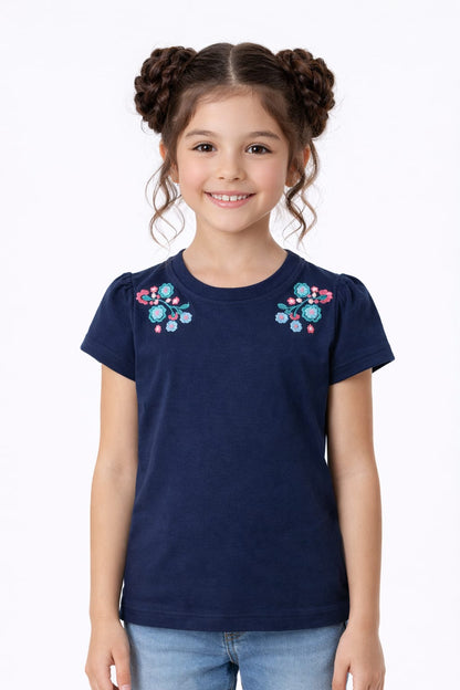 Navy Sweet Bloom Embroidered T-Shirt Girls 204