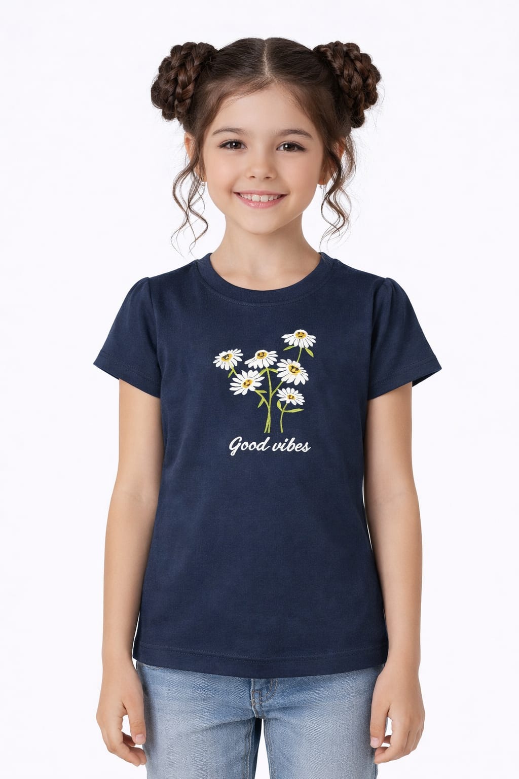 Good Vibes Flowers Embroidered Black Grey  T-Shirt Girls 202