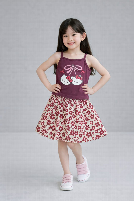 Brown Cute Twin Kitty Summer Look Girls Top & Skirt 273