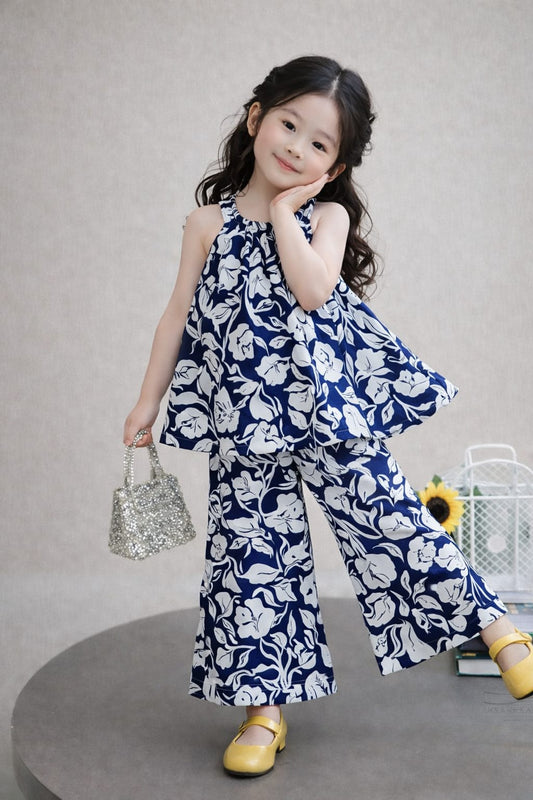 Navy Floral Top & Wide-Leg Pants Set 🌼 114