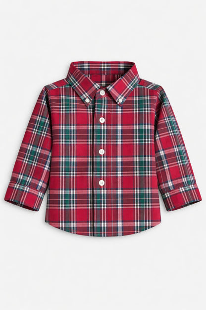 Red Green Checked Long Sleeve Dress Shirt