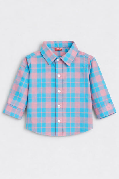 Pink Checked Blue Long Sleeve Dress Shirt