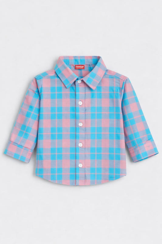 Pink Checked Blue Long Sleeve Dress Shirt