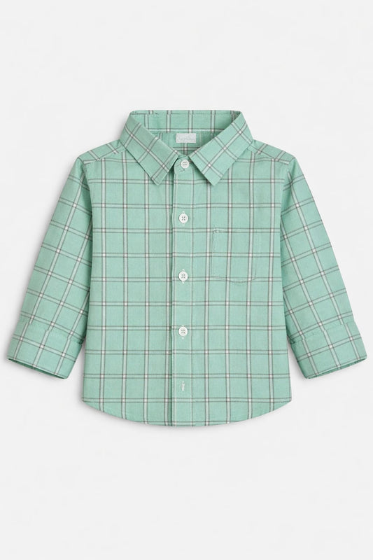 White Checked Green Long Sleeve Dress Shirt