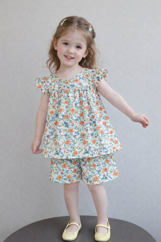 Girls Orange Printed Top & Shorts Set