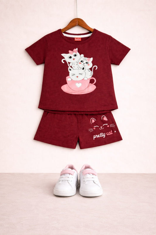 White Cats Printed Brown Nicker Suit Girls