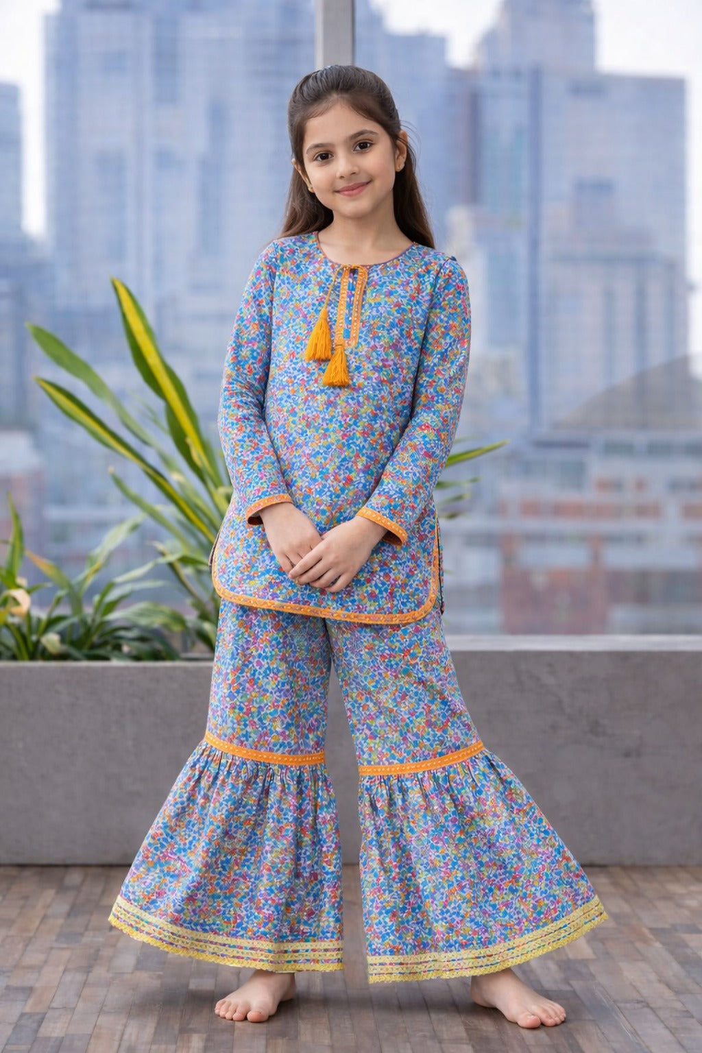 Red Floral Blue Sharara Suit-Cotton Kid's Party Wear
