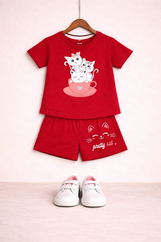 White Cats Printed red Nicker Suit Girls