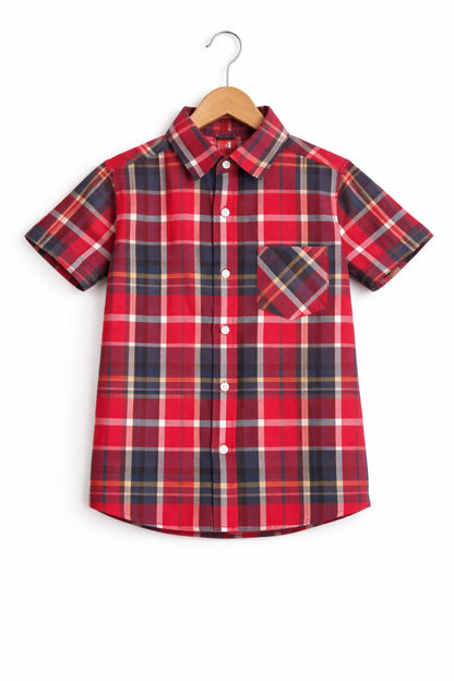 White checked Red Half Sleeves Boys Casual Shirt