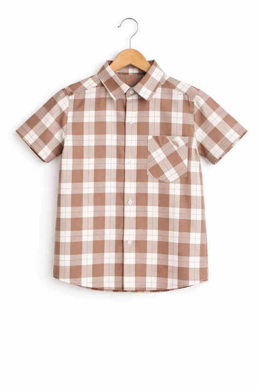 White Brown checked  Half Sleeves Boys Casual Shirt