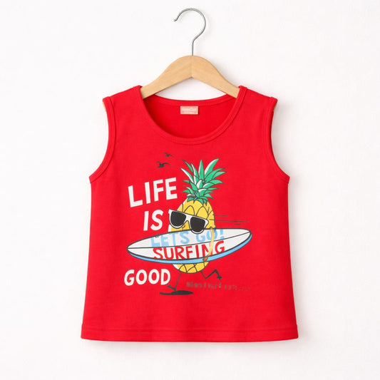 Life is Good Printed Summer Theme Sleeves Navy Red T-Shirt Boys