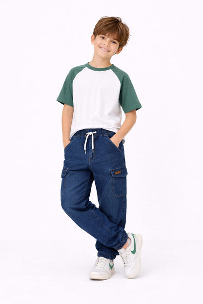 Dark Blue Kids Cargo Jeans – Elastic Waist 124