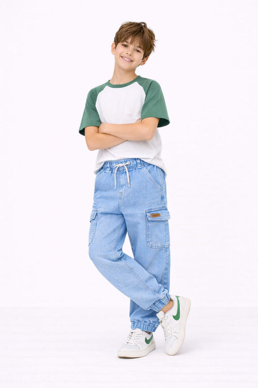 Light Blue Kids Cargo Jeans – Elastic Waist 114