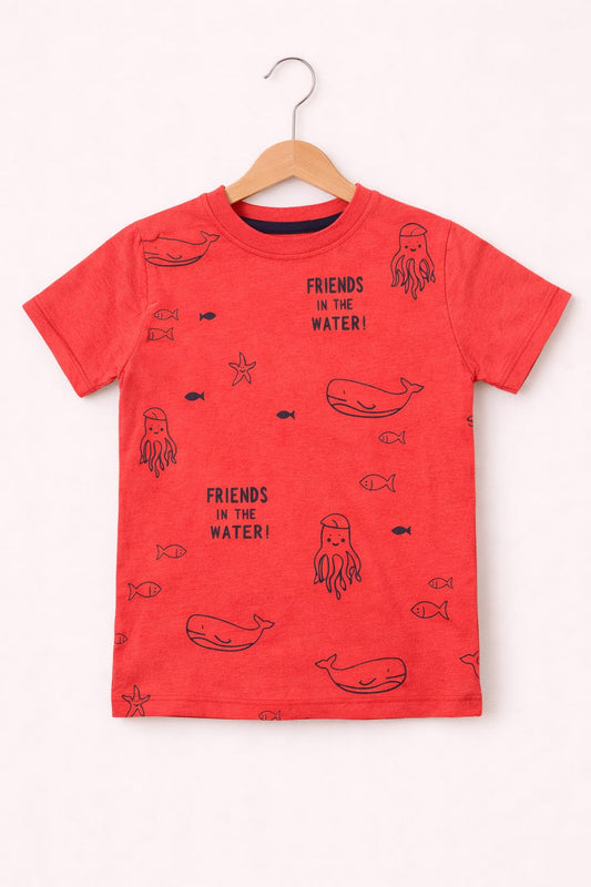 Black Fishes Printed Red Boys T-Shirt 208