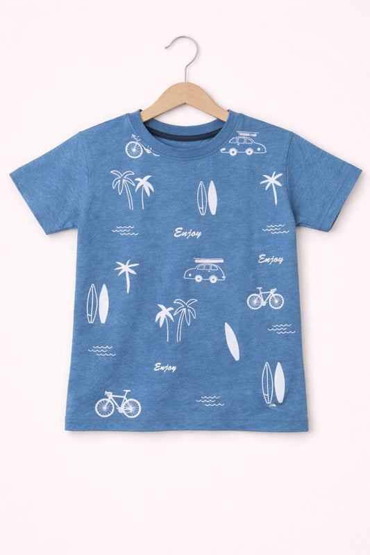 White Bicycle & Tree Printed Blue Boys T-Shirt