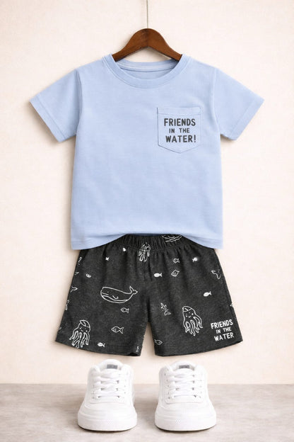 Back Friends in the water Printed  Pocket Blue Nicker Suit Boys