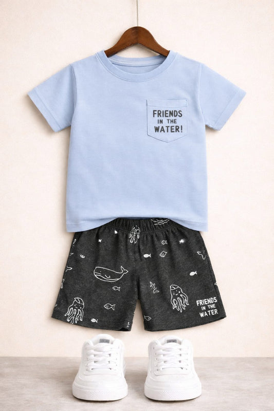 Back Friends in the water Printed  Pocket Blue Nicker Suit Boys