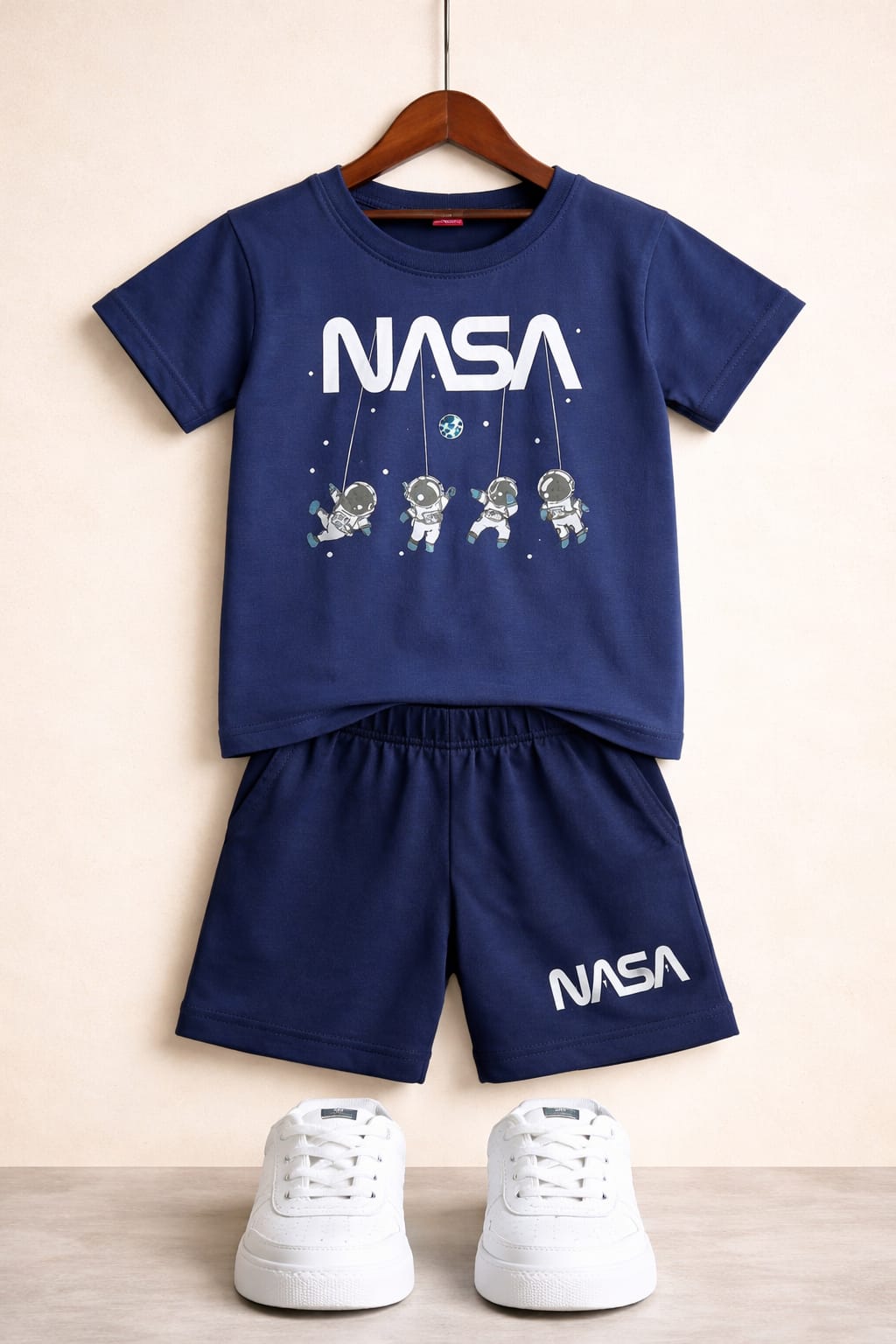 White NASA Printed  Dark Blue Nicker Suit Boys