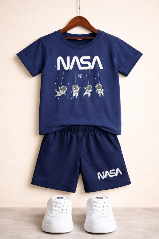 White NASA Printed  Dark Blue Nicker Suit Boys