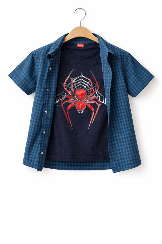 Blue  Checked Red Spider  Printed  Dark Blue Double Casual Shirt 286